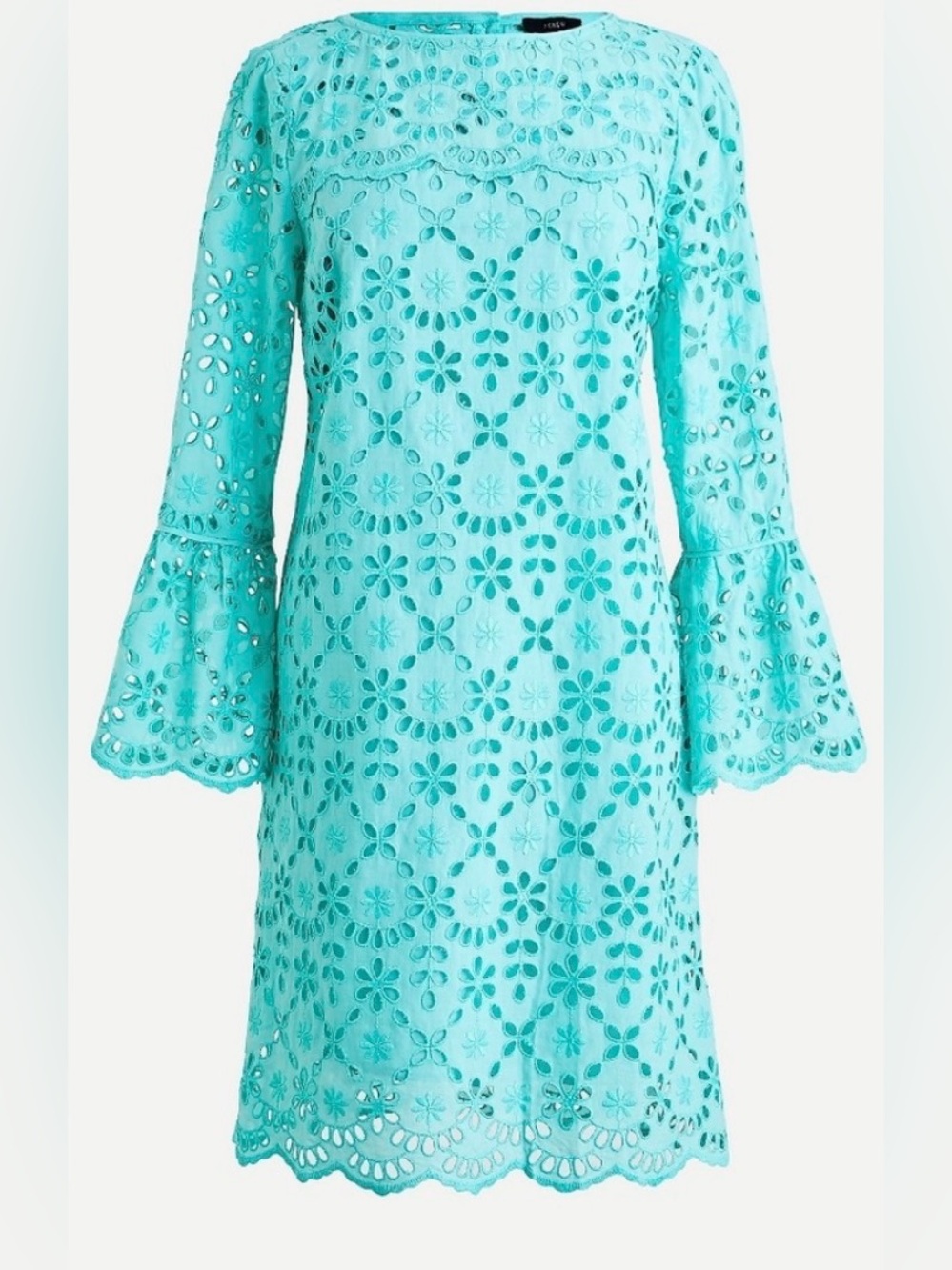 NWOT J crew Eyelet Midi Dress 3/4 length Bell Sleeve Teal Aqua Blue. Size 10.